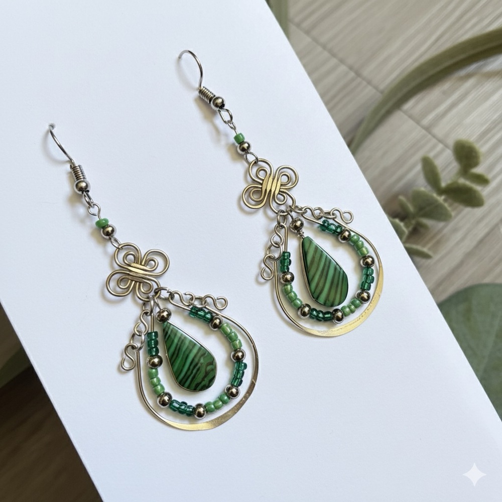 Chic Green and Gold Teardrop Stone Earrings Handmade Jewelry for Women